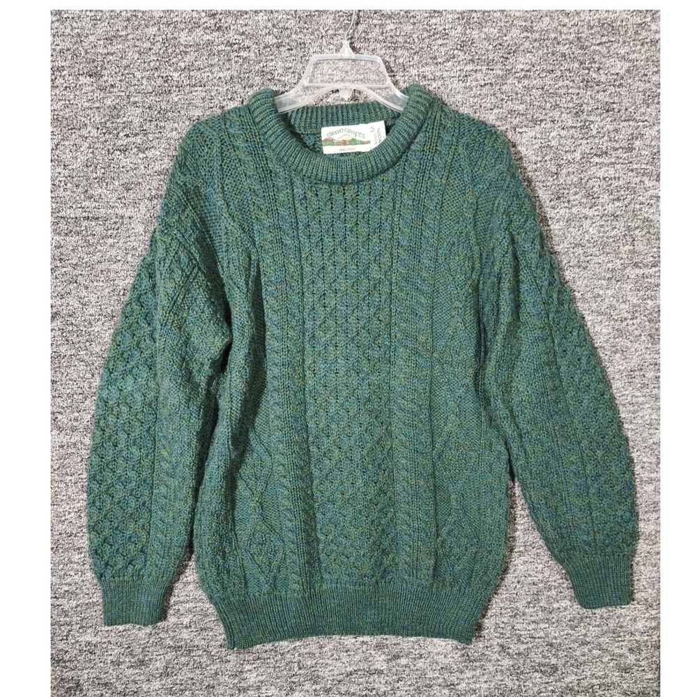 Aran Crafts Ireland Mens Green Wool Cable Knit Crewneck Sweater Size M